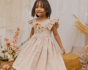 Linen Flutter Sleeve Square Neckline Dress for Girls| Flower Girl Dress | Color Beige | "Poppy Meadow" Embroidery