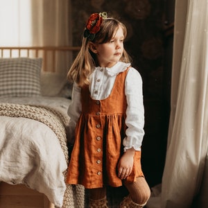 Girl Linen Button Front Pinafore Dress  | Color Burnt Orange
