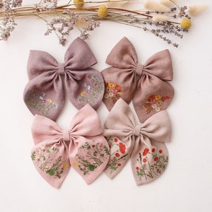Linen Hair Bow with Embroidery, Embroidered Hair Bow, Wildflowers Embroidered Hair Clip, Florals Embroidered Hair Bow