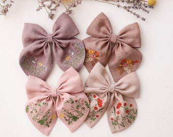 Linen Hair Bow, Embroidered Hair Bow Clip, Handmade Linen Hair Accessory