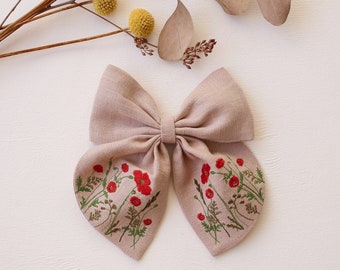 Hair Bow in BEIGE Linen, Embroidered with "Poppy Meadow", Hair Bow Clip, Handmade Linen Hair Accessory