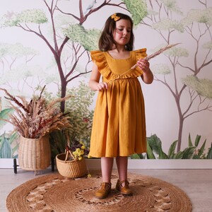 Girl Linen Dress with Ruffled Bodice Color Amber image 2