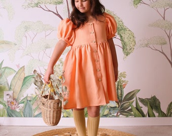 Girl Linen Short Sleeve Frilled Collar Dress | Color Peach