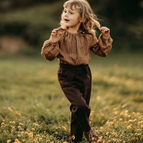 Pantalon en lin avec ceinture pour fille | Couleur marron foncé