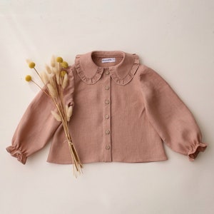 Girl Linen Long Sleeve Frilled Collar Button Front Blouse | Color Clay