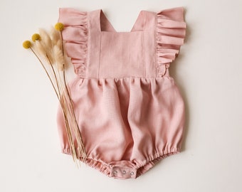 Baby Girl Linen Vintage Bubble Playsuit, Romper | Color Powder