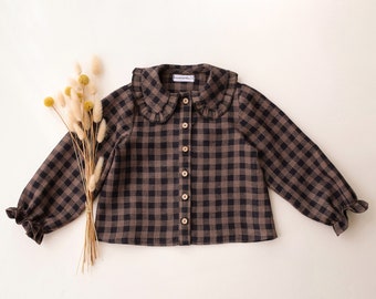 Girl Linen Long Sleeve Frilled Collar Button Front Blouse | Color Taupe & Black Check