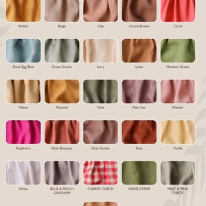 May include: Linen colour chart featuring 18 different colours and patterns. The colours include amber, beige, clay, cocoa brown, coral, duck egg blue, green smoke, ivory, latte, meadow green, melon, mustard, olive, pale lilac, powder, raspberry, rose bouquet, rose smoke, rust, and vanilla. The patterns include blue and peach gingham, cherry check, grass stripe, and mint and pink check.