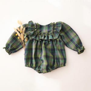 Baby Romper, Baby Girl Linen Long Sleeve Bubble Romper with with Wide Bodice Ruffle | Color Moss Green Check