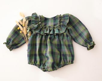 Baby Bubble Romper in MOSS GREEN CHECK Linen with Long Sleeve & Wide Bodice Ruffle