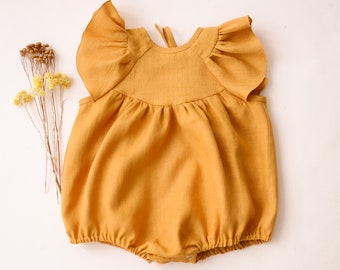 Baby Girl Linen Bubble Playsuit, Romper with Flutter Sleeve and Tie Back | Color Amber