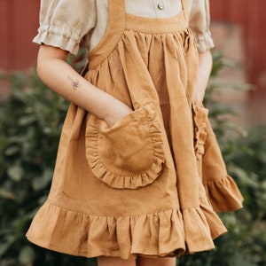 Girl Linen Straps Pinafore with Frills Color Powder Embroidery Bouquet 1 image 6