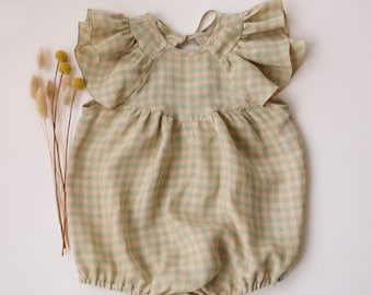 Baby Girl Linen Bubble Playsuit, Romper with Flutter Sleeve and Tie Back | Color Green Gingham