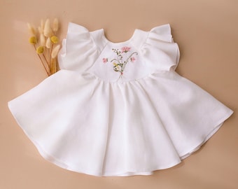 Girl Linen Flutter Sleeve Tie Back Blouse | Color Milk | "Bouquet #1" Embroidery
