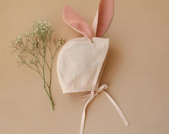 Linen Easter Bunny Bonnet, Ivory with Powder Lined Ears