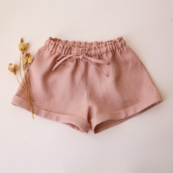 Girl Linen Bermuda Shorts with Cuffs in Powder, Lightweight Summer Toddler Clothes, Breathable Toddler Shorts, Casual Kids Outfit
