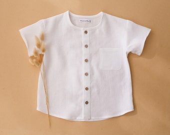 Boy Linen Short Sleeve Buttoned Shirt with Pocket | Color Milk