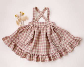 Girl Linen Straps Pinafore with Frills | Color Blush & Cream Gingham