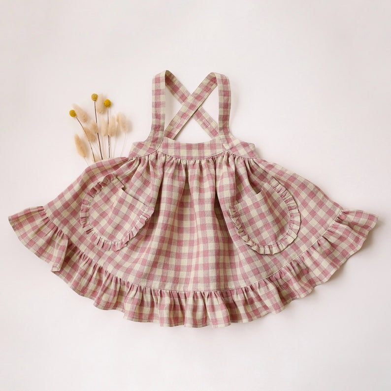 Girl Linen Straps Pinafore with Frills Color Blush & Cream Gingham image 1