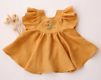 Girl Linen Flutter Sleeve Tie Back Blouse | Color Amber | "Bouquet #2" Embroidery