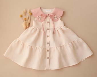 Girl Dress in IVORY & POWDER Linen with Embroidered Petal Collar "Petite Daisy"