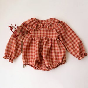 Baby Romper, Baby Girl Linen Long Sleeve Peter Pan Collar Bubble Romper | Color Butternut Check