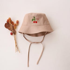 Beige Linen Bucket Hat with "Cherry" Embroidery, Summer Sun Protection, Toddler Child Hat