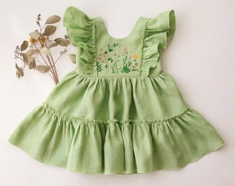 Linen Ruffled Front Tiered Dress for Girls | Flower Girl Dress | Color Spring Green | “Fairy Wildflowers” Embroidery