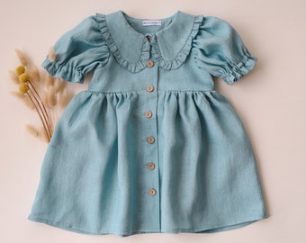 Girl Linen Short Sleeve Frilled Collar Dress | Color Duck Egg Blue