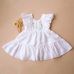 Flower Girl Dress, White Linen Ruffled Front Tiered Dress with &quot;Chamomile Flowers&quot; Embroidery, Wedding & Birthday Dress