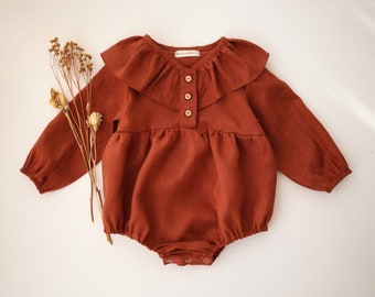 Baby Girl Linen Long Sleeve Ruffle Collar Button-Front Bubble Playsuit, Romper | Color Rust
