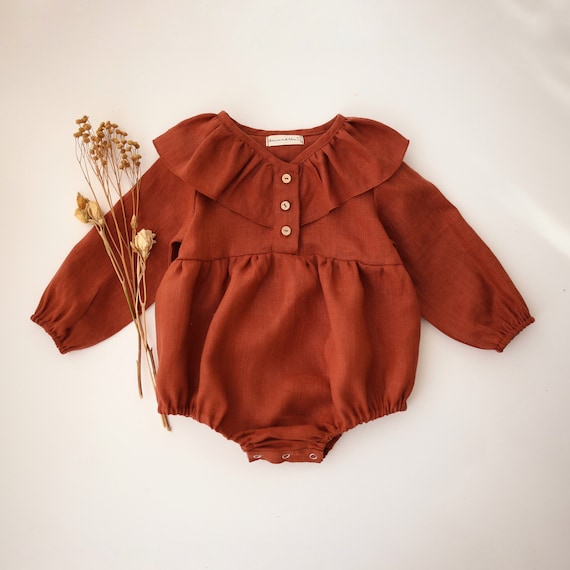 Pelele Burbuja Bebe Nina Lino Manga Larga Cuello Volante Boton Delantero Color Oxido Etsy Mexico