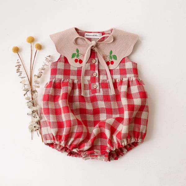 Baby Bubble Romper in Cherry Check Linen with Embroidered Petal Collar "Cherry" in Beige Linen, Newborn Toddler Outfit