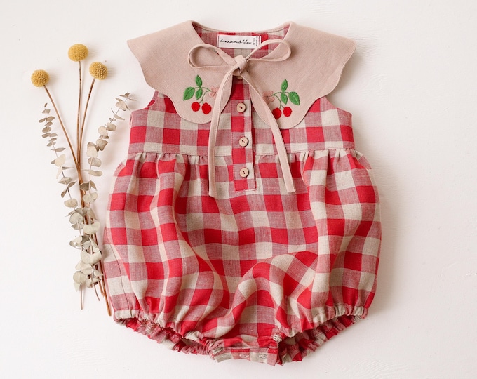 Baby Bubble Romper in Cherry Check Linen with Embroidered Petal Collar "Cherry" in Beige Linen, Newborn Toddler Outfit