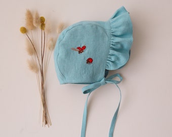 Baby Girl Linen Ruffle Brimmed Bonnet | Color Duck Egg Blue | “Ladybugs” Embroidery