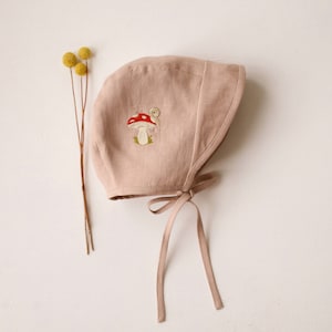Baby Linen Brimmed Bonnet | Color Beige | “Toadstool with Snail” Embroidery