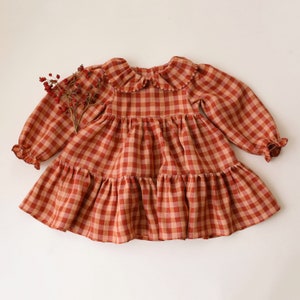 Linen Dress, Girl Linen Dress, Tiered Dress with Long Sleeve & Peter Pan Collar | Color Butternut Check