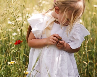 Robe en lin avec manches à volants pour fille | Couleur Lait