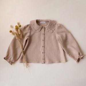 Girl Linen Long Sleeve Frilled Collar Button Front Blouse | Color Beige