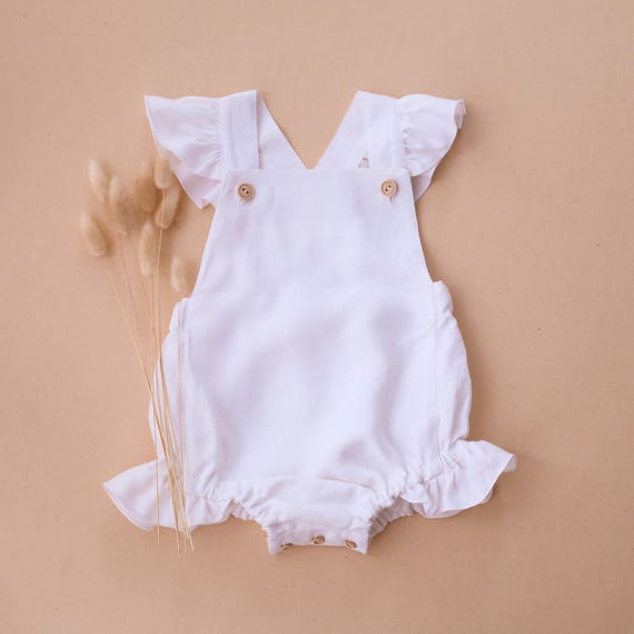 White Linen Baby Romper, Flutter Strap Summer Playsuit