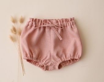 Baby Girl Linen Bubble Shorts in Powder | Soft Summer Toddler Clothing, Breathable Kids Outfit, Cute Casual Baby Clothes