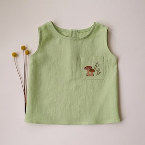 Kids Linen Relaxed Fit Tank Top | Color Spring Green | &quot;Mushrooms&quot; Embroidery