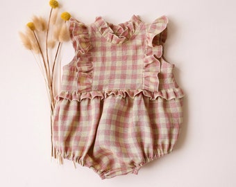 Baby Girl Linen Bubble Playsuit, Romper with Frills Bodice | Color Blush & Cream Gingham