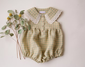 Baby Girl Linen Bubble Playsuit, Romper with Pointed Collar and Lace | Color Green Gingham