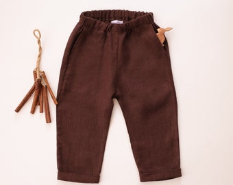 Pantalón Vintage de Lino, Pantalón para Niño y Niña / Color Marrón Oscuro