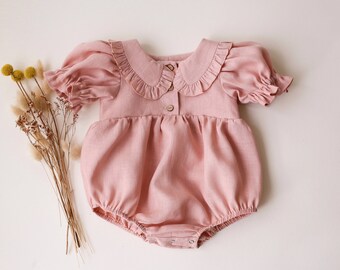 Baby Girl Linen Bubble Playsuit, Romper with Short Sleeve and Frilled Collar | Color Powder