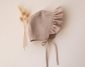 Baby Girl Linen Ruffle Brimmed Bonnet | Color Beige