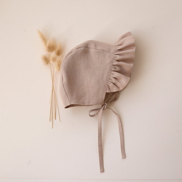 Baby Girl Linen Ruffle Brimmed Bonnet | Color Beige