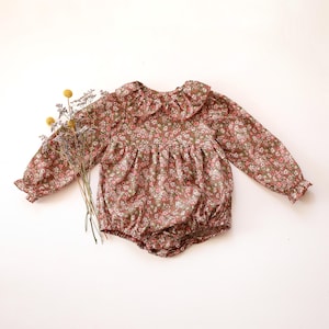 Baby Romper, Girl Liberty Floral Long Sleeve Peter Pan Collar Bubble Romper | &quot;Emma Louise&quot; Liberty Print, Liberty Floral, Liberty Fabric