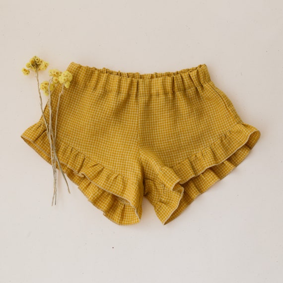 Mustard Gingham Linen Ruffle Shorts | Etsy